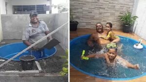 Per accontentare la famiglia, costruisce una piscina con le sue mani per non spendere soldi