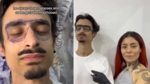Un uomo si tatua gli occhiali sul viso per smettere di perderli, gli utenti di internet sperano sia uno scherzo (VIDEO)