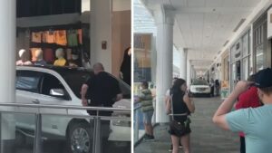 Donna entra con la macchina dentro il centro commerciale sotto gli occhi increduli dei passanti