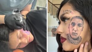 La fidanzata la tradisce e lei decide di farsi un tatuaggio in faccia col suo volto (VIDEO)